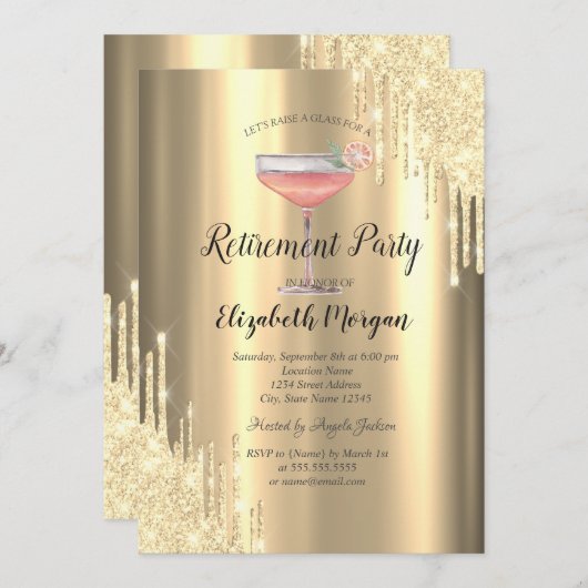 Glitterdruppels, Cocktail, Gouden Pensionering Kaart (Voorkant / Achterkant)