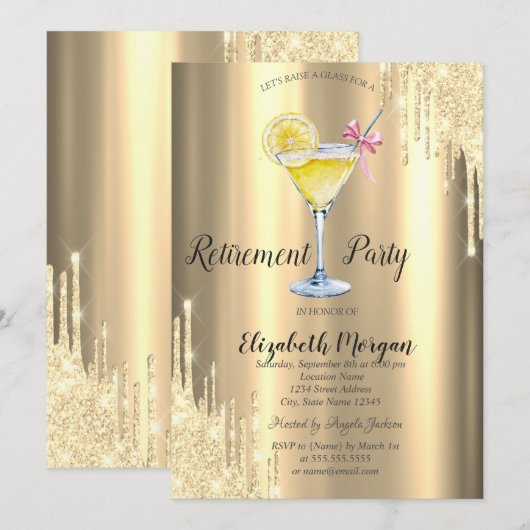 Glitterdruppels, Cocktail, Gouden Pensionering Kaart (Voorkant / Achterkant)