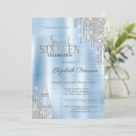 Glitterdruppels, Eiffeltoren Blauw Metallic Sweet  Kaart (Staand voorkant)