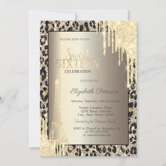 Glitterdruppels, Eiffeltoren Luipaardprint Sweet 1 Kaart (Voorkant)