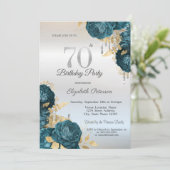 Glitterdruppels Groene Bloemen Zilver 70e Verjaard Kaart (Staand voorkant)