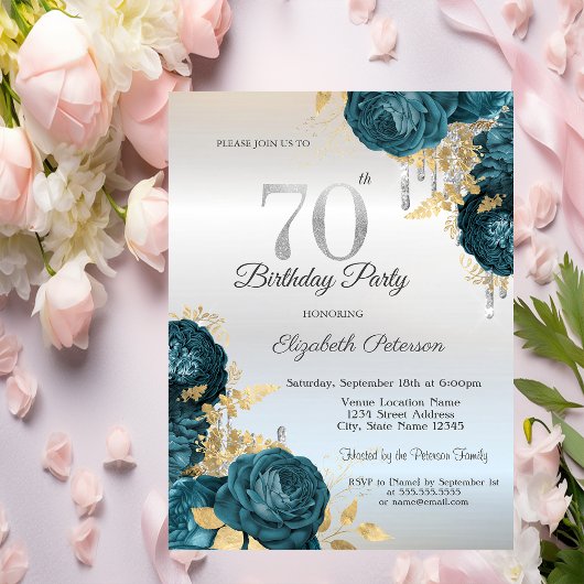 Glitterdruppels Groene Bloemen Zilver 70e Verjaard Kaart