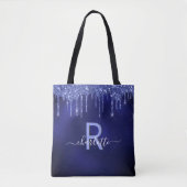 Glitterdruppels in marineblauw naam monogram scrip tote bag (Voorkant)