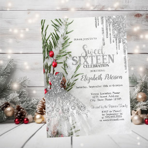 Glitterdruppels, jurk dennenboom sneeuw Sweet 16 Kaart