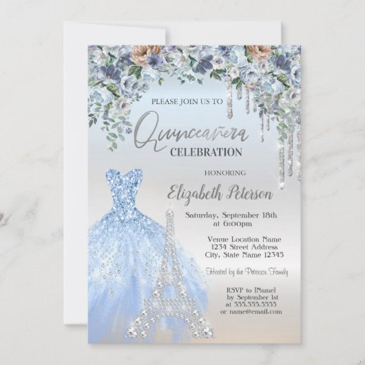 Glitterdruppels, jurk, Eiffeltoren Blauwe Bloemen Kaart (Voorkant)