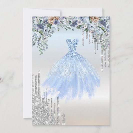 Glitterdruppels, jurk, Eiffeltoren Blauwe Bloemen Kaart (Achterkant)