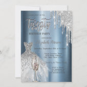 Glitterdruppels, jurk wijnglas Blauw Metallic 21st Kaart (Voorkant)