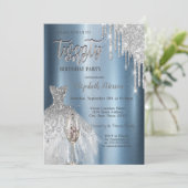 Glitterdruppels, jurk wijnglas Blauw Metallic 21st Kaart (Staand voorkant)