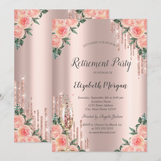 Glitterdruppels, Roos, Glas Goud Pensioen Kaart (Voorkant / Achterkant)