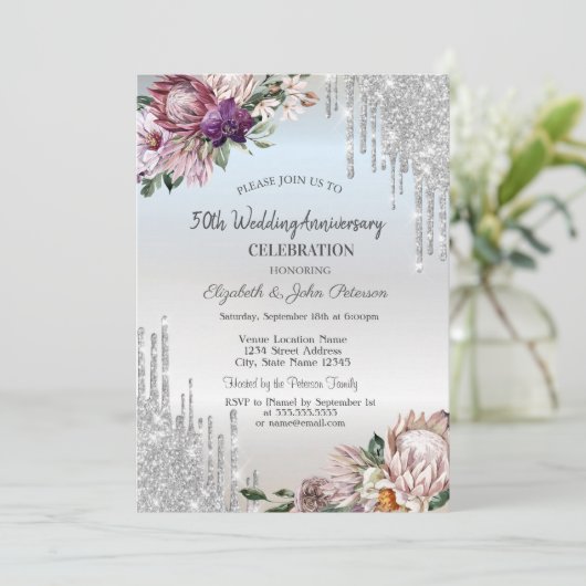 Glitterdruppels, tropische bloemen zilveren bruilo kaart (Staand voorkant)