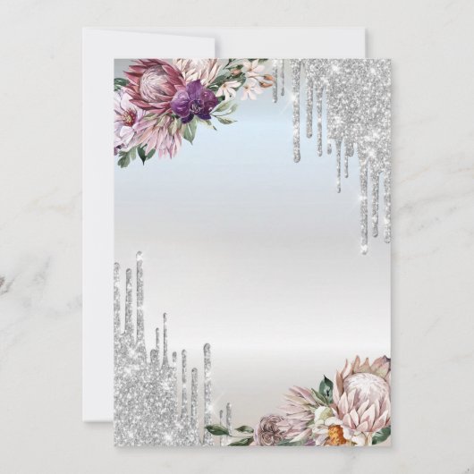 Glitterdruppels, tropische bloemen zilveren bruilo kaart (Achterkant)
