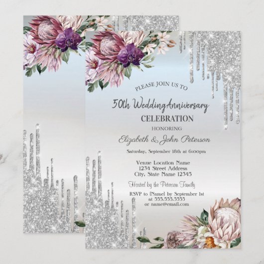 Glitterdruppels, tropische bloemen zilveren bruilo kaart (Voorkant / Achterkant)