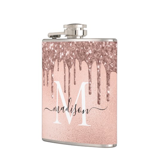 Glitterdruppels van roze goud metaal heupfles (Links)