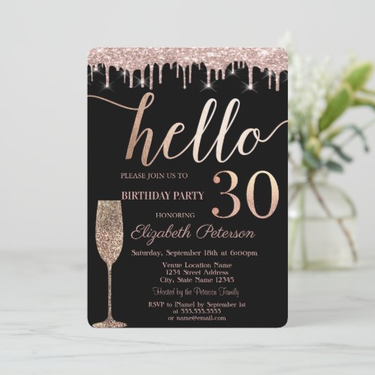 Glitterdruppels, wijnglas 30e verjaardag partij kaart (Staand voorkant)