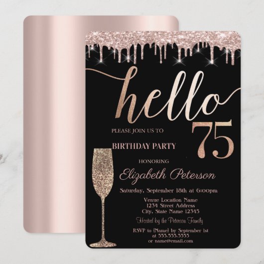 Glitterdruppels, wijnglas 75e verjaardag partij kaart (Voorkant / Achterkant)