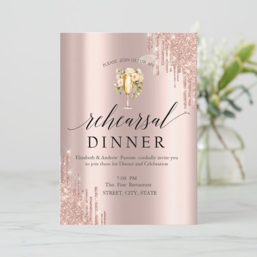 Glitterdruppels wijnglas bloemen proefdinermiddag kaart (Staand voorkant)