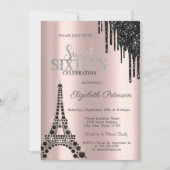 Glitterdruppels, Zwarte Eiffeltoren Sweet 16 Kaart (Voorkant)