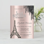 Glitterdruppels, Zwarte Eiffeltoren Sweet 16 Kaart (Staand voorkant)