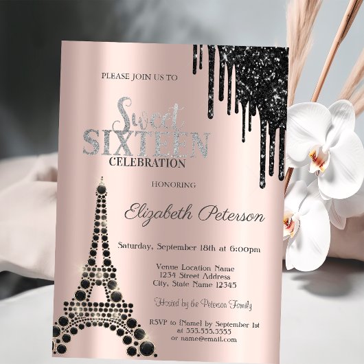 Glitterdruppels, Zwarte Eiffeltoren Sweet 16 Kaart