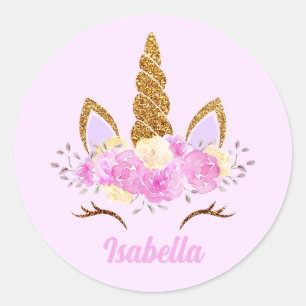 Glittered Floral Unicorn Face Persoonlijke naam Ronde Sticker
