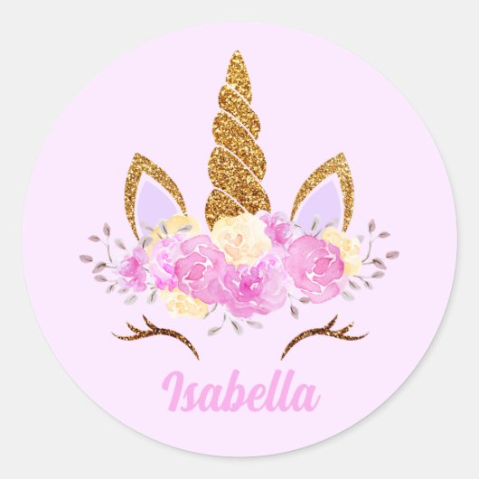 Glittered Floral Unicorn Face Persoonlijke naam Ronde Sticker (Voorkant)
