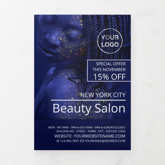 Glittered Model, Beauty Salon Tri-Fold Flyer Drieluik Uitnodiging (Cover)