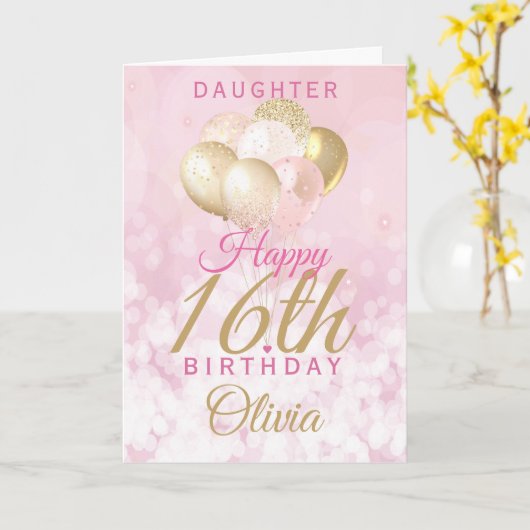 Glitterend 16e verjaardagsballonkaart voor dochter kaart (Gele Bloem)