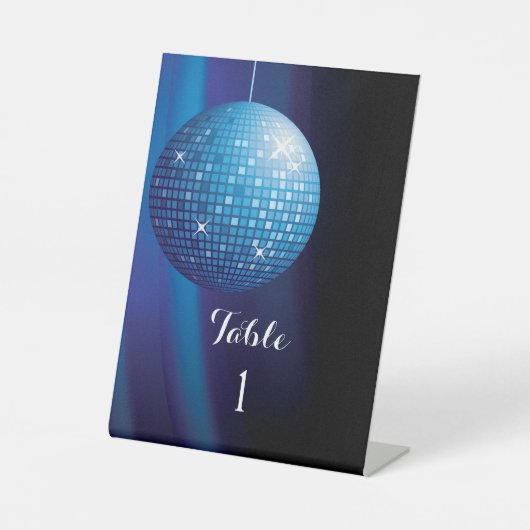 Glitterend Blauw Feest Disco Bal Tafelnummer Reclamebord Met Voetstuk (Voorkant)
