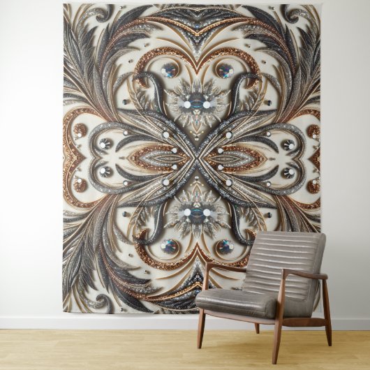 Glitterend bloemenpatroon met edelsteen wandkleed (In situ)