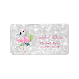 Glitterend,Bokeh,Tropische Bladeren, Roze Flamingo Etiket
