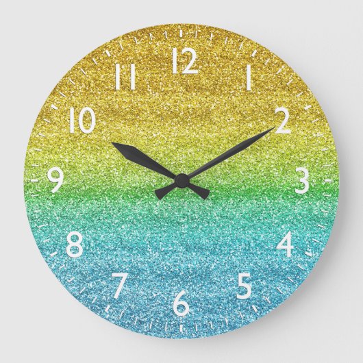 Glitterend geel en blauw verloop glitter grote klok (Voorkant)