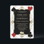 Glitterend Goud Casino Vegas Poker Bruiloft Kaart<br><div class="desc">Unieke Casino Royale en Art Deco jaren 20 thematische kaartontwerpen. Het bevat vintage art deco stijl, een Roaring Twenties oude Hollywood namaak gouden lijst met Fleur-de-lis, een paar dobbelstenen, speelkaarten (die speelkaarten simuleren), op een gouden witte Art Deco patroon achtergrond. Speciale teksten worden gebruikt zoals in een pokerspel. Op de...</div>