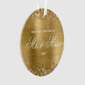 Glitterend Goud Folie Onze Eerste Kerstmis Ornament (voorkant)