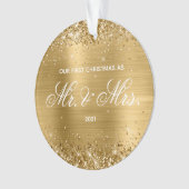 Glitterend Goud Folie Onze Eerste Kerstmis Ornament (voorkant)