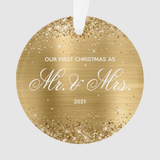 Glitterend Goud Folie Onze Eerste Kerstmis Ornament (voorkant)