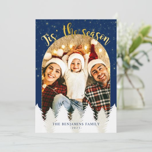 Glitterend Gouden Blauwe Kerstbomen 'Tis het Seizo Feestdagenkaart (Staand voorkant)