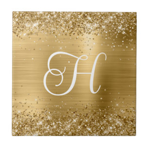 Glitterend Gouden Glitter en Folie Monogram Tegeltje