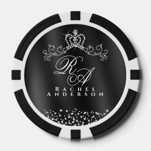 Glitterend kroonmonogram zwart poker chips (Voorkant)