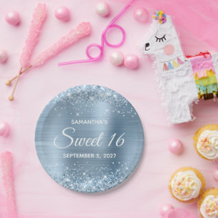 Glitterend lichtblauw folie Sweet 16 Papieren Bordje