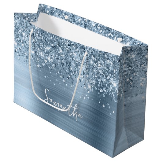Glitterend Lichtblauw Glam Naam Groot Cadeauzakje (Voorkant Gekanteld)
