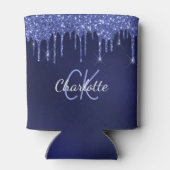 Glitterend marineblauw met witte naam blikjeskoeler (Achterkant)