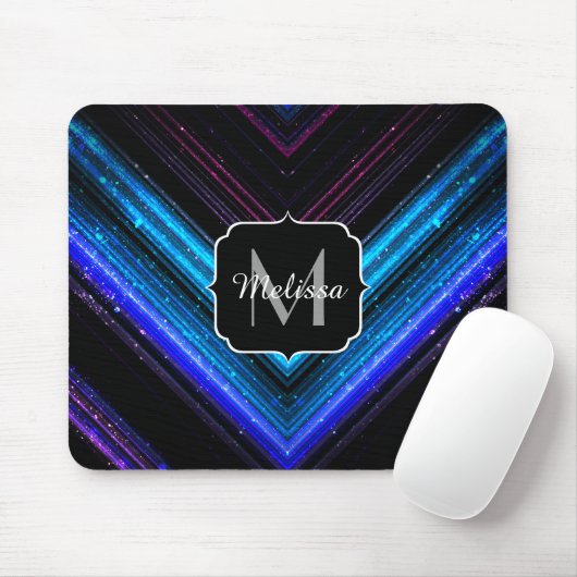 Glitterend metaalblauw paarse chevron Monogram Muismat (Met muis)