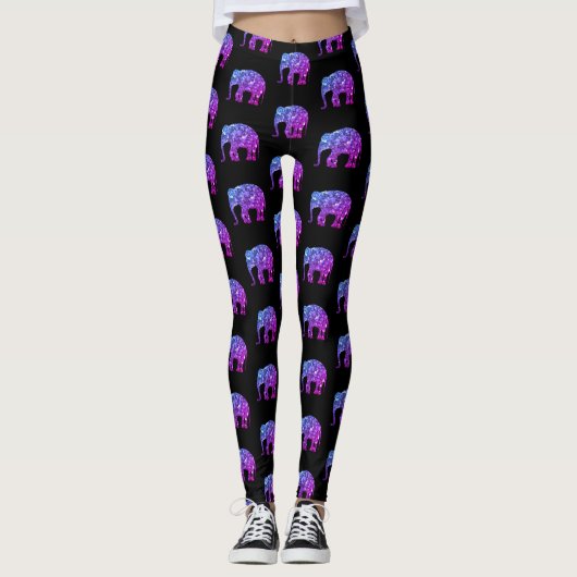 Glitterend paarsblauw ombre olifantpatroon zwart leggings (Voorkant)