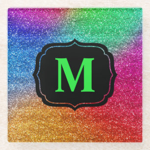 Glitterend regenboogverloop glitter monogram glazen onderzetter