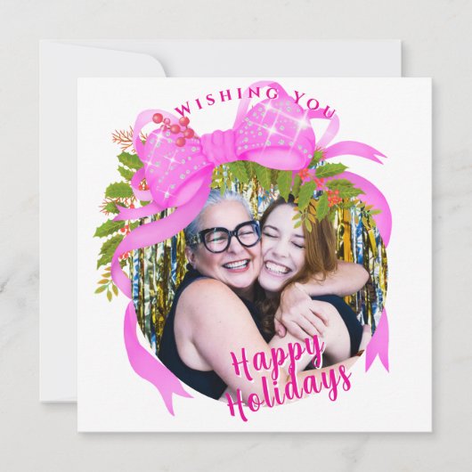 Glitterend Roze Lint Kerst Platte Kerstkaart (Voorkant)