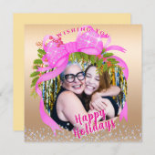 Glitterend Roze Lint Kerst Platte Vakantiefolder Feestdagenkaart (Voorkant / Achterkant)