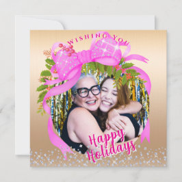 Glitterend Roze Lint Kerst Platte Vakantiekaart Feestdagenkaart