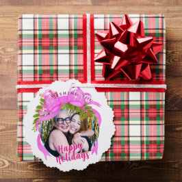 Glitterend Roze Lint Kerst Platte Vakantiekaart Ornament Kaart