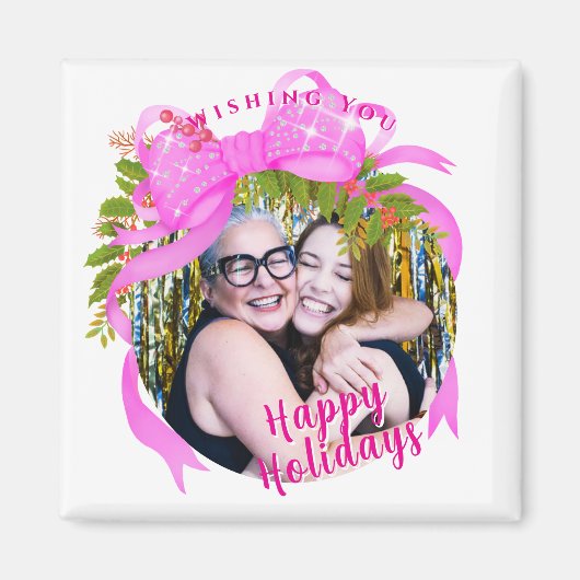 Glitterend Roze Lint Kerst Wit Magneet (Voorkant)