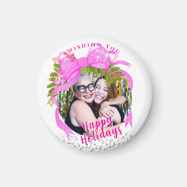 Glitterend Roze Lint Kerst Wit Magneet